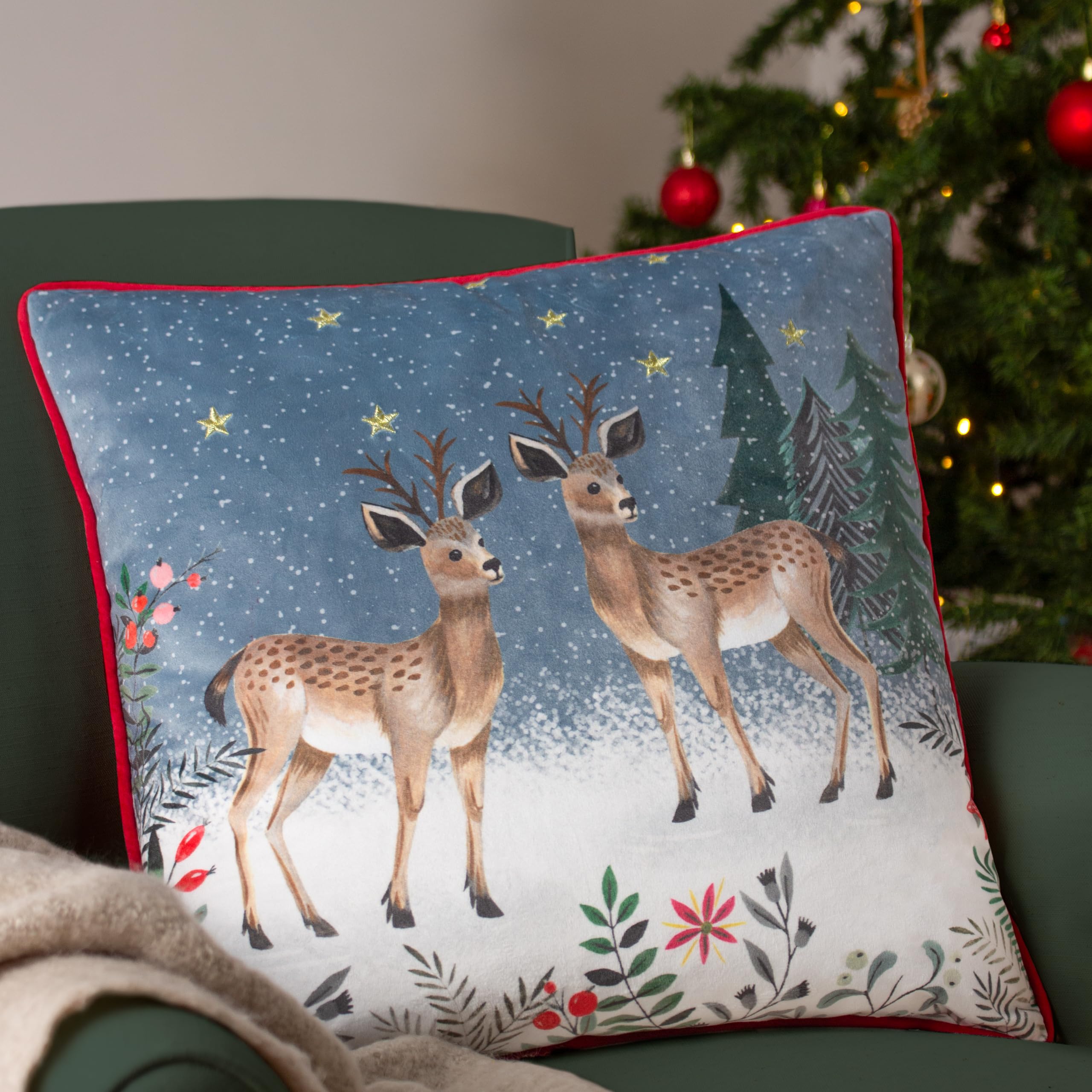 furn. Ditsy Festive Reindeer Velvet Piped Cushion Cover, 45 x 45 cm