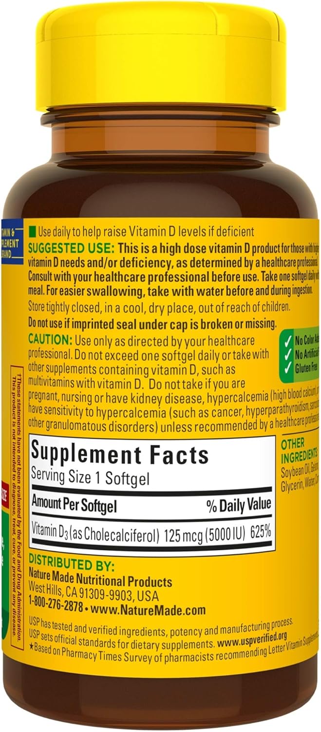 Nature Made Extra Strength Vitamin D3 5000 IU (125 mcg) Softgels, 180 Count for Bone Health† (Packaging May Vary): Health & Personal Care