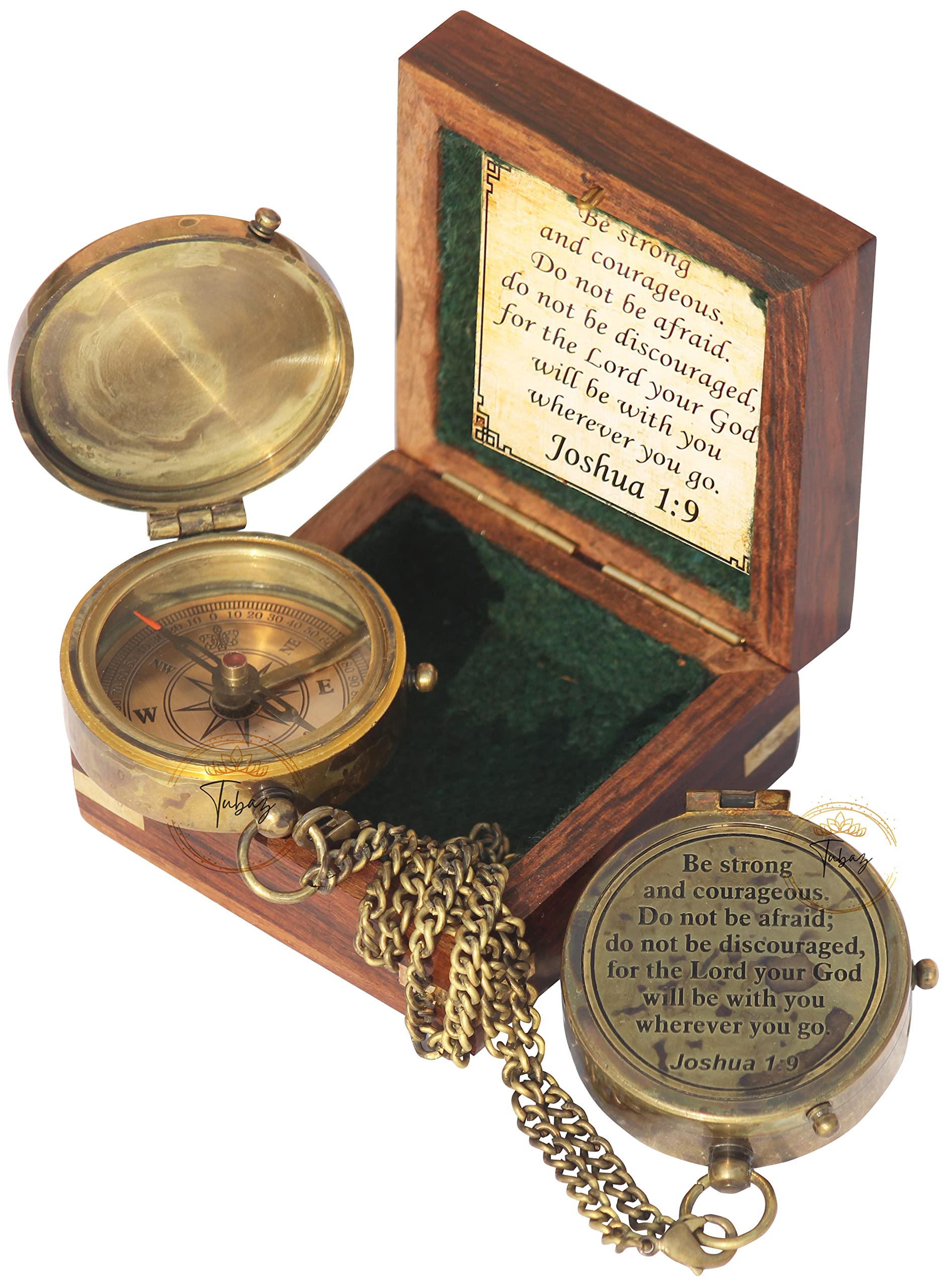 TUBAZ "Be Strong and Courageous" Engraved Compass with Wooden Box, Christian Gift for Men, Catholic Gift, Baptism Gift for Boys, Gift for Teen Boys, Graduation Gift, Sentimental Gift-Gift for Birthday