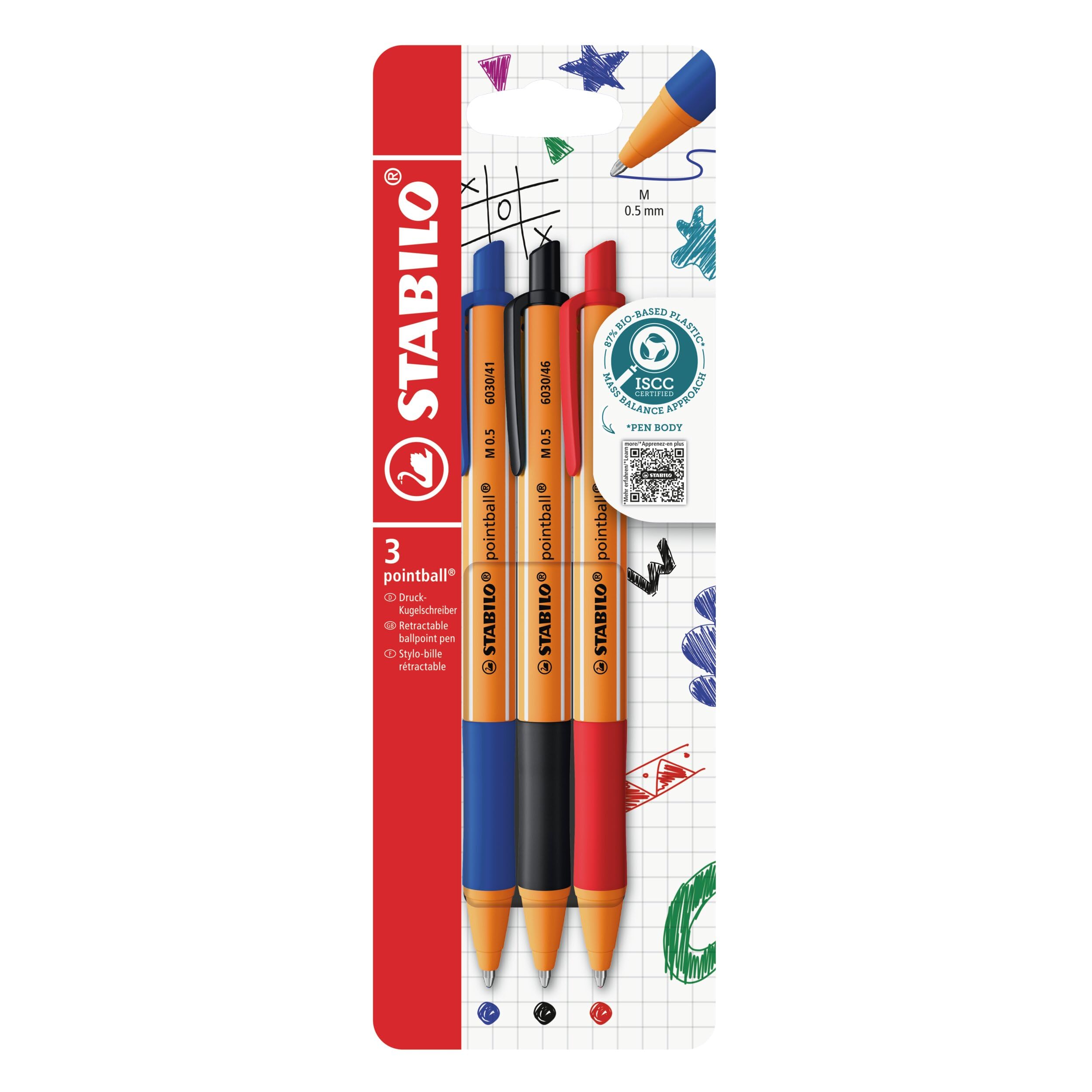 STABILO pointball - Ballpoint Pen - Pack of 3 - Blue, Black, Red