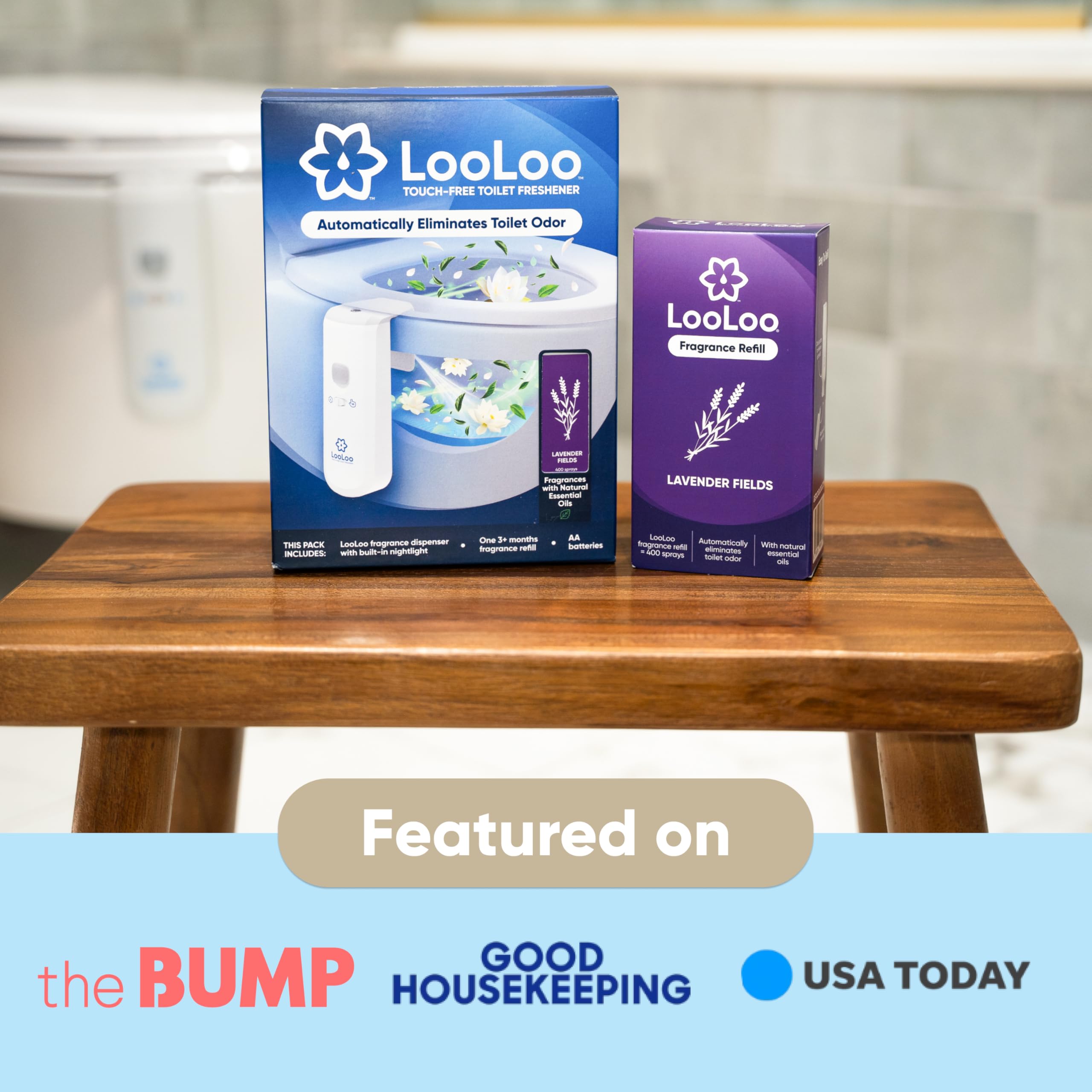 LooLoo 3.0 Touch Free Toilet Freshener Automatic Air Freshener Spray for Bathroom Starter Kit with Light and Toilet Deodorizer, Bathroom Spray Odor Eliminator - Lavender