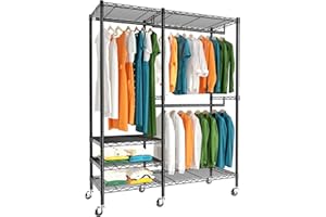 Raybee Heavy Duty Clothes Rack, Adjustable and Portable, with Wheels, 705LBS Weight Capacity, Holds 160+ Clothes, Black Metal Construction, Easy Assembly