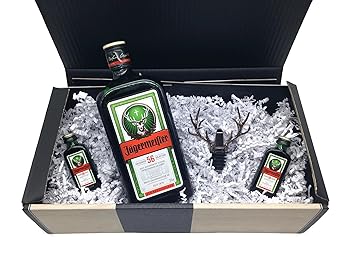 Jägermeister + Hirschkopf Ausgießer + 2 x 0,02l'Kurze' mit edlem Geschenkkarton in Holzoptik - *LIMITED EDITION*