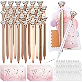 Yeaqee 91 Pcs Bridal Shower Pens Diamond Set 31 Wedding Crystal Pens 30 Organza Bags 30 Cards Bridesmaid Bling Metal Ballpoint Pen for Wedding Bridal Shower(Rose Gold, White,Classic Style)