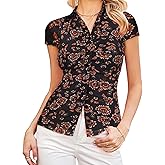 GRACE KARIN Women Mesh Boho Tops Dressy Casual, Short Sleeve Button Down Collared Shirts, 2026 Summer Fashion Floral Blouses