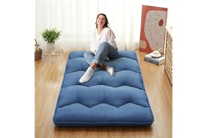 LULUWAY Japanese Futon Mattress, Twin Size Foldable Japanese Style Floor Mattress Roll Up, Tatami Mat, Camping Mattress Pad, Navy Blue