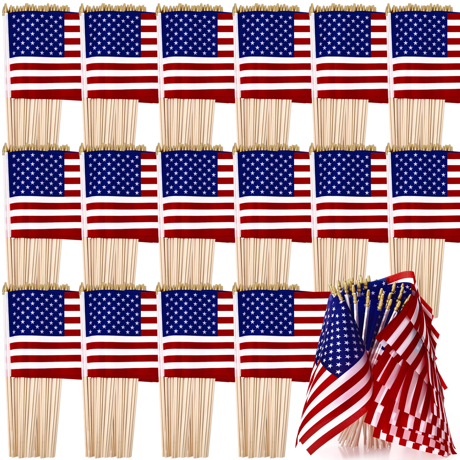Photo 1 of Shimeyao Handheld American Flag Bulk, 8 x 12 Inches US Flags on Stick with Gold Spearhead Decoration Wooden Stick American Flags Set for 4th of July Patriotic Party Memorial Day(250 Pcs)