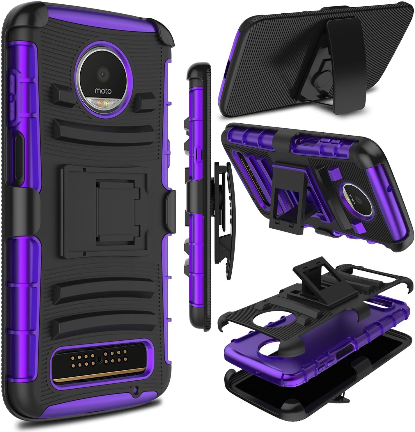 Moto Z3 Play Case, Moto Z3 Case, Zenic Heavy Duty Shockproof Full-Body Protective Hybrid Case Cover with Swivel Belt Clip and Kickstand for Motorola Moto Z3 Play (Purple)