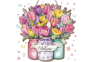 SEELOOWY Spring Door Decor for Home 11.8 x 11.4 Inch Spring Welcome Door Sign Fresh Flower Style Welcome Wooden Sign Wooden Hanging Wall Decor for Porch Farmhouse Outdoor