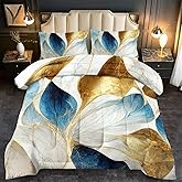 llyxsesty Vintage Floral Comforter Set Queen Size Women,Marble Flower Bedding Set Queen,Marble Blue Flower Bed Comforter,Blue and Gold Floral Quilt Bedroom Decor for Kids and Adults