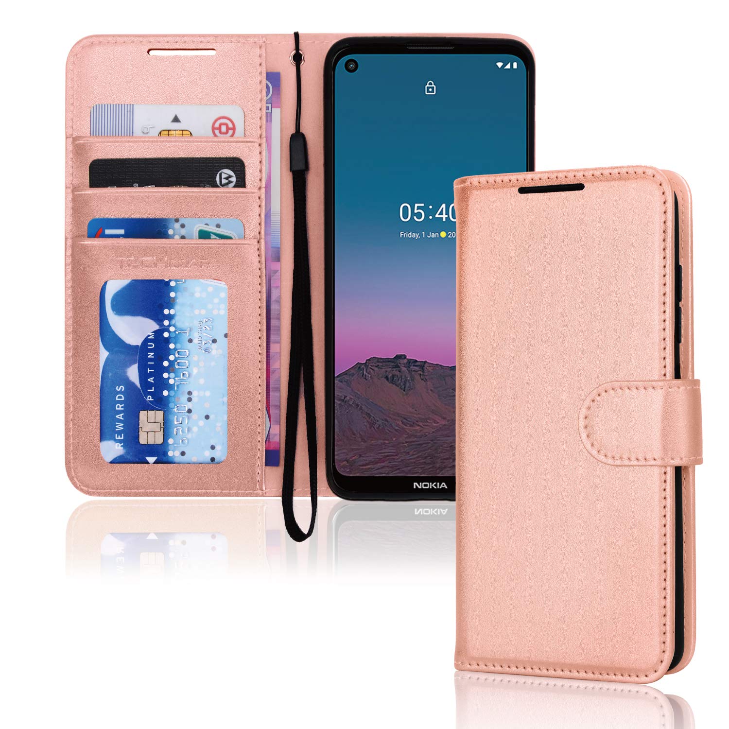 TECHGEAR Case Fits Nokia 5.4 Leather Wallet Case, Flip Protective Case Cover with Wallet Card Holder, Stand and Wrist Strap - Rose Gold PU Leather with Magnetic Closure Designed For Nokia 5.4