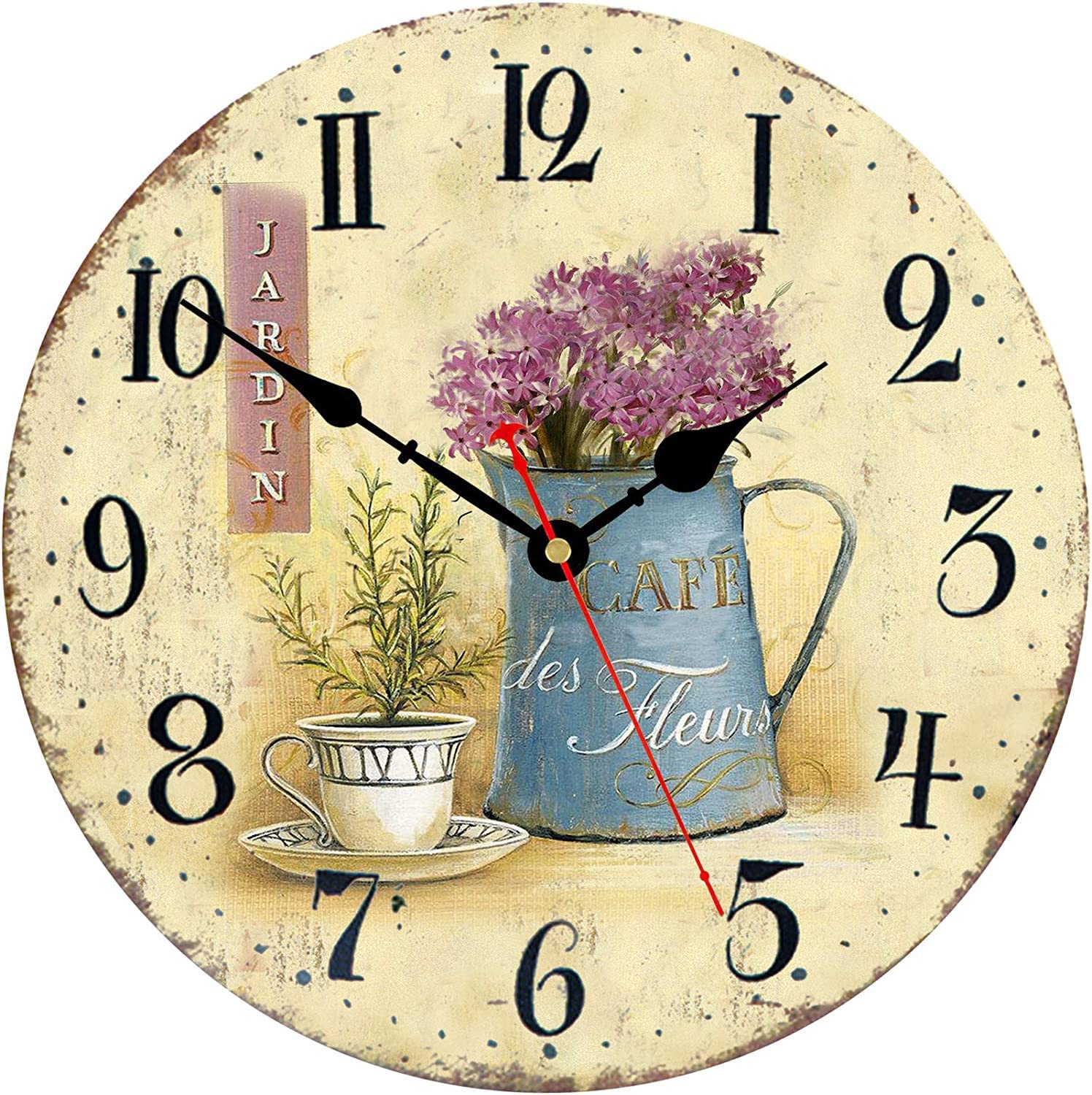 Toudorp Stille Wood Wanduhr 20CM Französisch Vintage Floral Batterie Rosen
