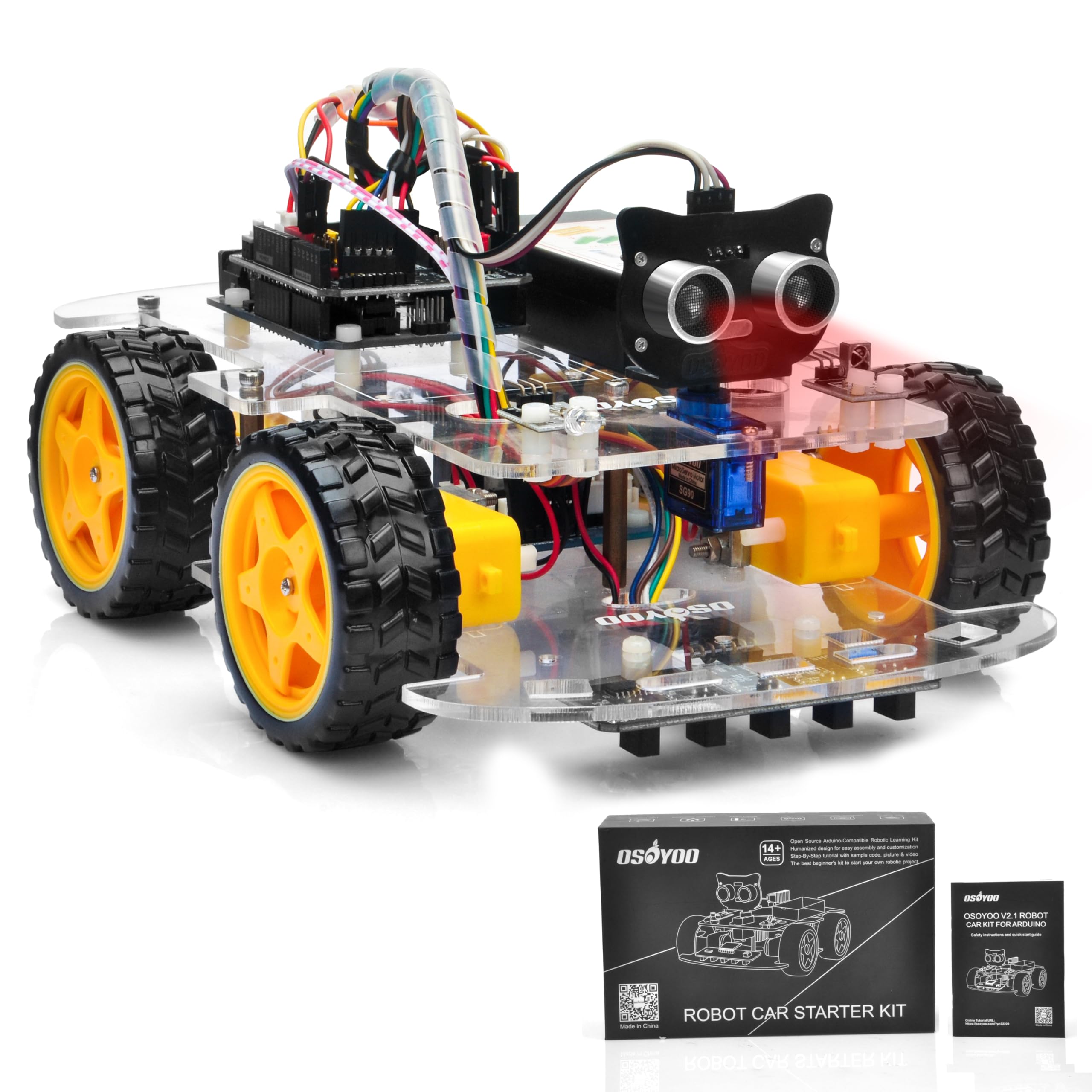 OSOYOO V2.1 Smart Robot Car Kit for Arduino – Controller Board Line Tracking, Ultrasonic Sensor, Bluetooth, Motor Shield, IR Remote Control, Mobile APP – Battery and Charger Included