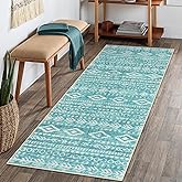 Lahome Boho Geometric Bathroom Runner Rug, 2x6 Teal Kitchen Runner Rug Non Skid Washable Bathroom Rug Runner 6ft, Ultra-Thin Soft Farmhouse Print Indoor Carpet Runner for Entryway Bedroom