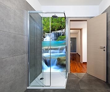 wandmotiv24 Duschrückwand Wasserfall im Wald Duschwand Design 90 x 200cm (B x H) - Aluminium 3mm, Fugen