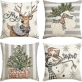 AVOIN colorlife Christmas Snowman Reindeer Gloves Eucalyptus Throw Pillow Covers, 18 x 18 Inch Winter Holiday Stripes Cushion Case Decoration for Sofa Couch Set of 4