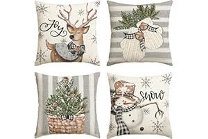 AVOIN colorlife Christmas Snowman Reindeer Gloves Eucalyptus Throw Pillow Covers, 18 x 18 Inch Winter Holiday Stripes Cushion Case Decoration for Sofa Couch Set of 4