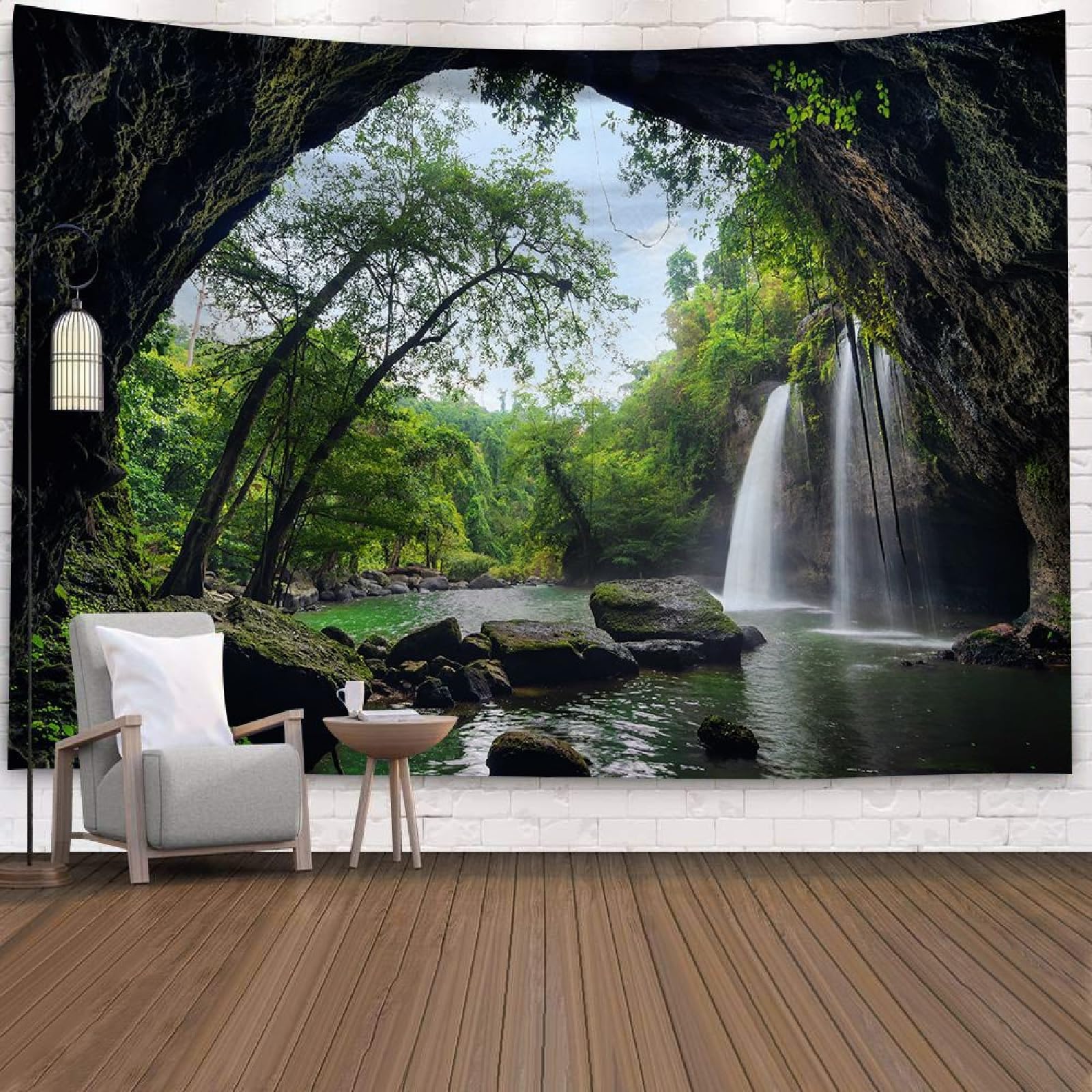 Wycian Wall Tapestry Nature Scene, Forest Waterfall Tapestry Stream Microfiber Tree River Greenlake Scenery Mountain Cave Landscape 102x94 260x240cm