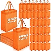 Windyun 50 Pcs Reusable Tote Bag Bulk 8 x 4 x 10 Inch Non Woven Shopping Bag with Handle Christmas Reusable Grocery Gift Tote (Orange)