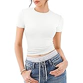 REORIA Women’s Crew Neck Short Sleeve Top Double Lined Basic Tees Slim Fit Ribbed Y2K T Shirt