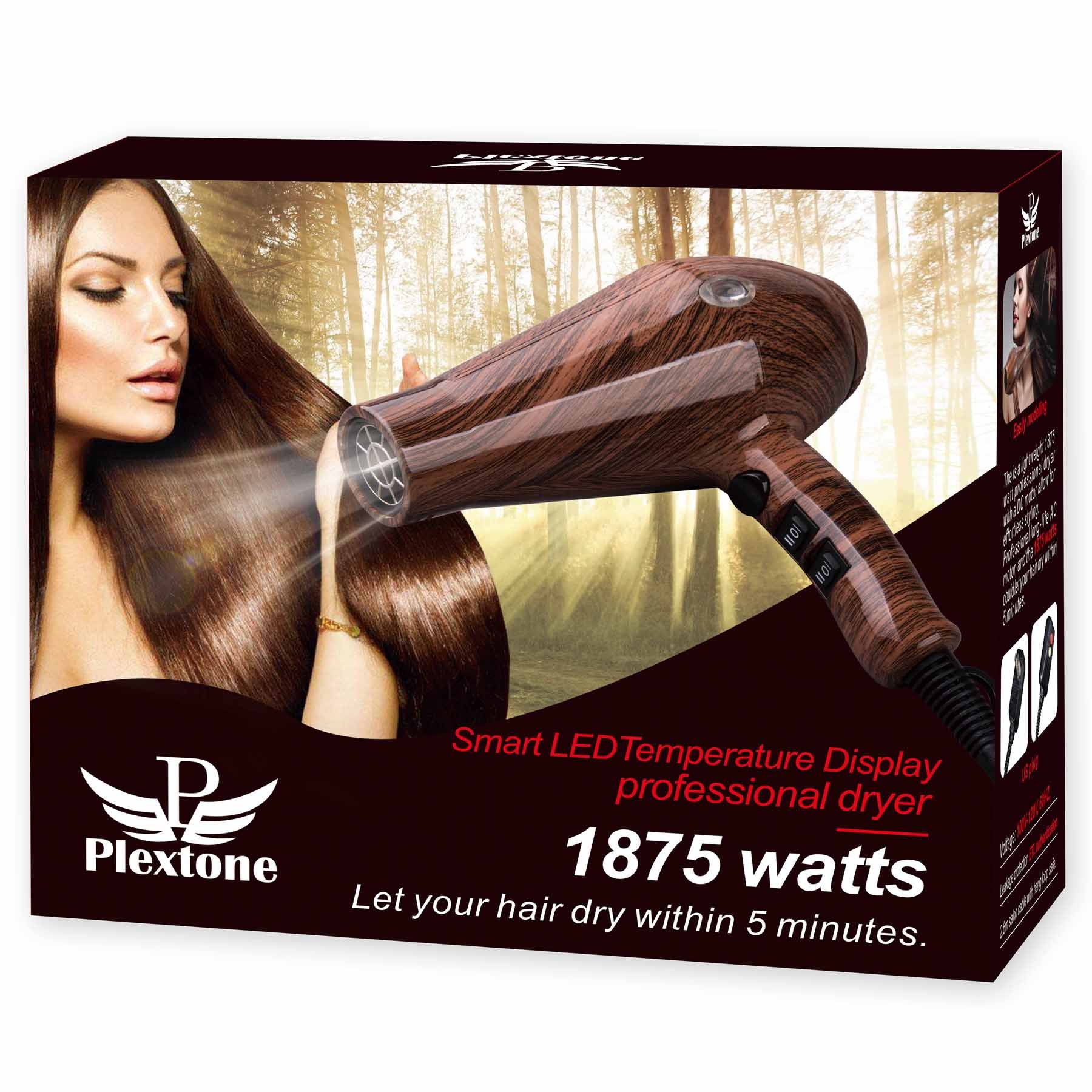 PLEXTONE 1875W Quick Dry Lightweight Professional Ceramic Hair Dryer Multifunctional Settings and ETL Certified Plug Cold Shot Button(some have) 2 Speeds 3 Heat Settings Concentrator Diffuser (Wooden)