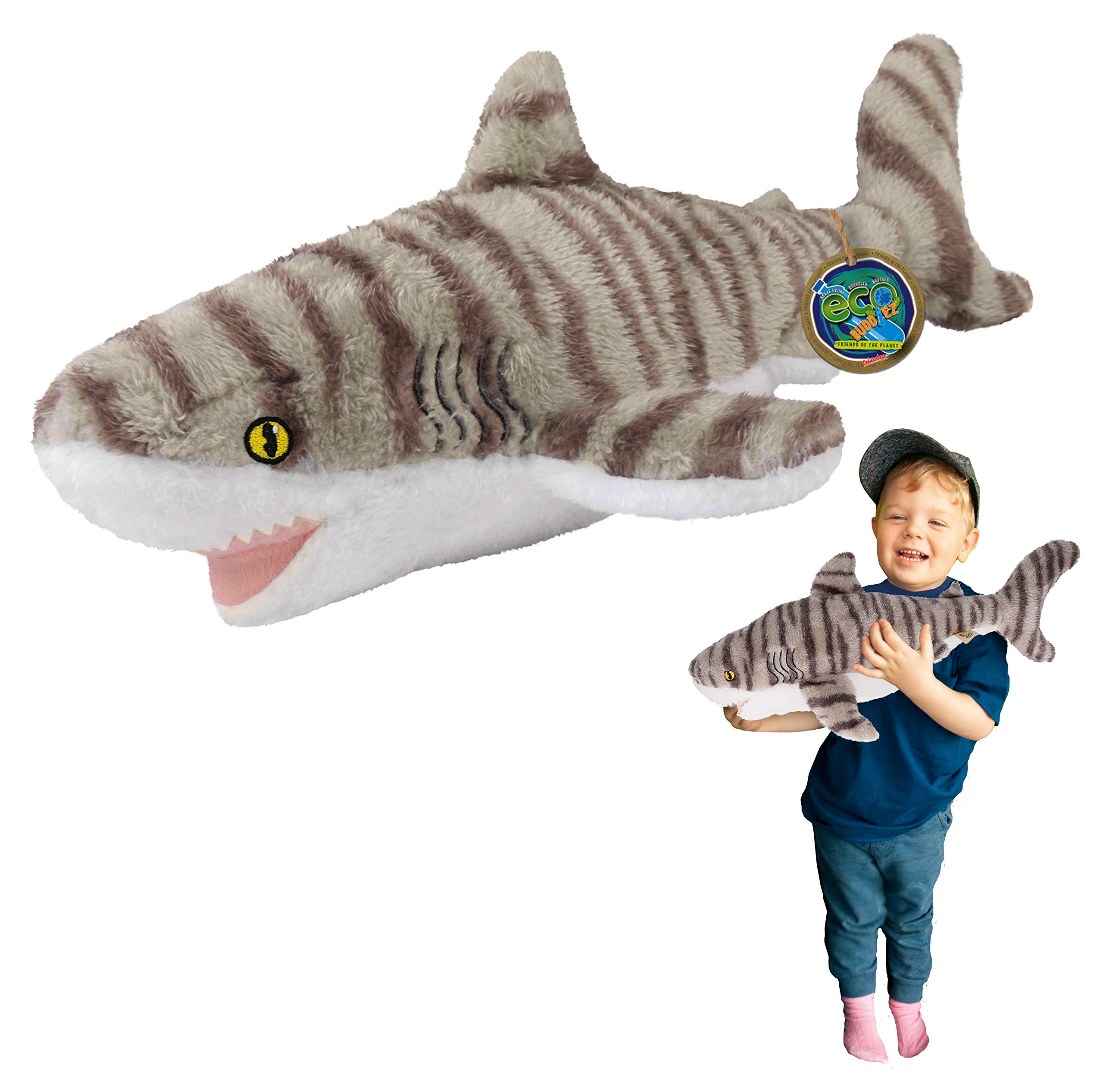 EcoBuddiez - Tiger Shark from Deluxebase. Large 53cm Soft Plush Animals made from Recycled Plastic Bottles. Eco-Friendly Cuddly Gift for Kids and Cute Stuffed Animal Toy for Toddlers.