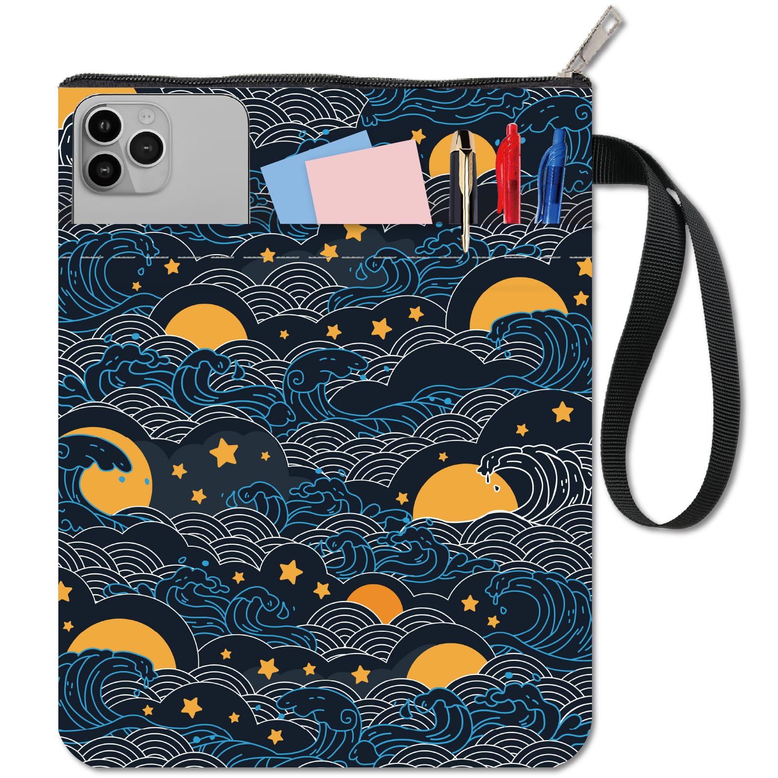 CRASPIRE Wave Book Sleeve Star Book Protector Moon Book Covers for Paperbacks Washable Fabric Cloth Book Cover with Zipper and Extra Sleeve Pocket for Book Lovers Classmate Gifts