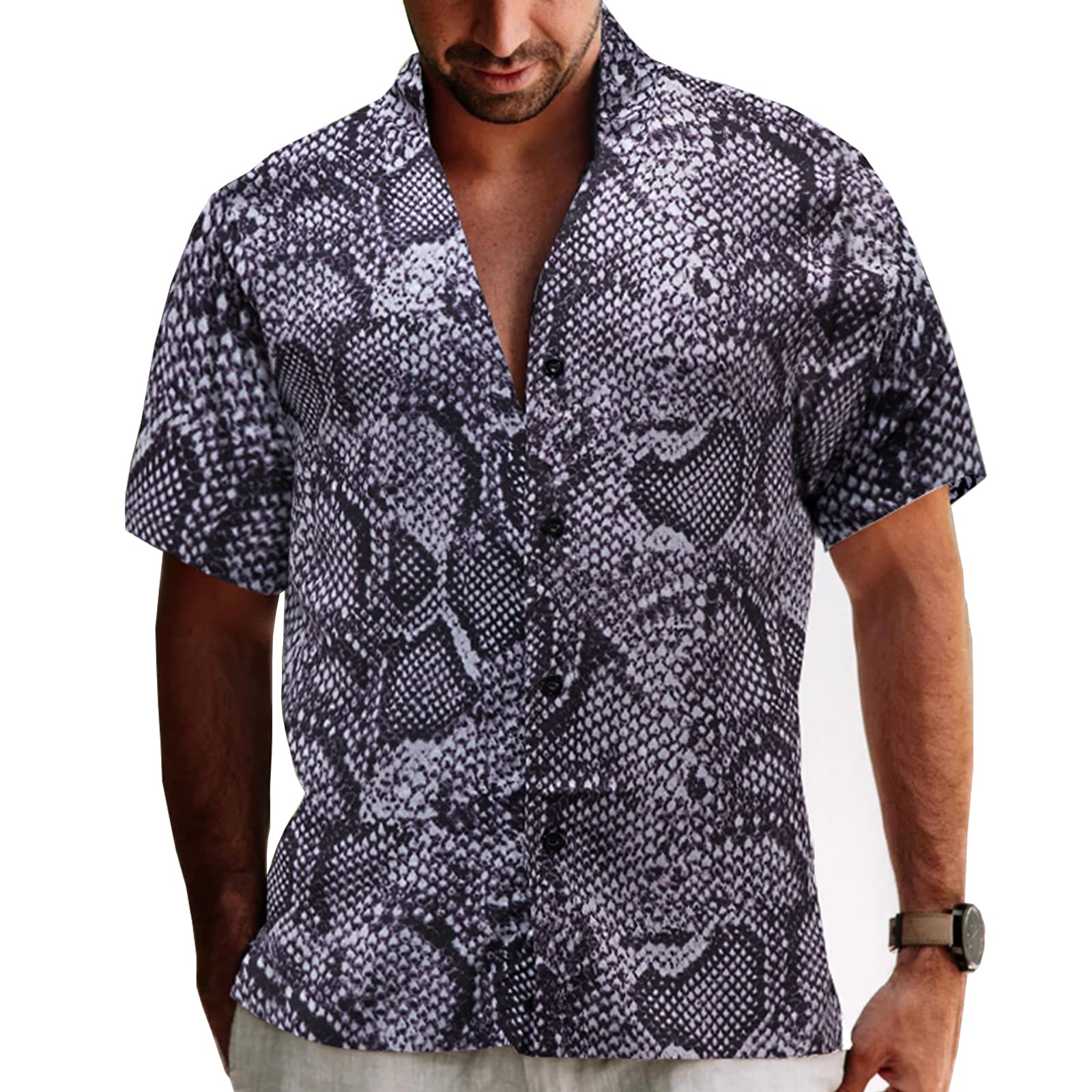 Photo 1 of UPAAN Printed Men Shirts Short Sleeve Disco Snakeskin Button Down Casual Shirt