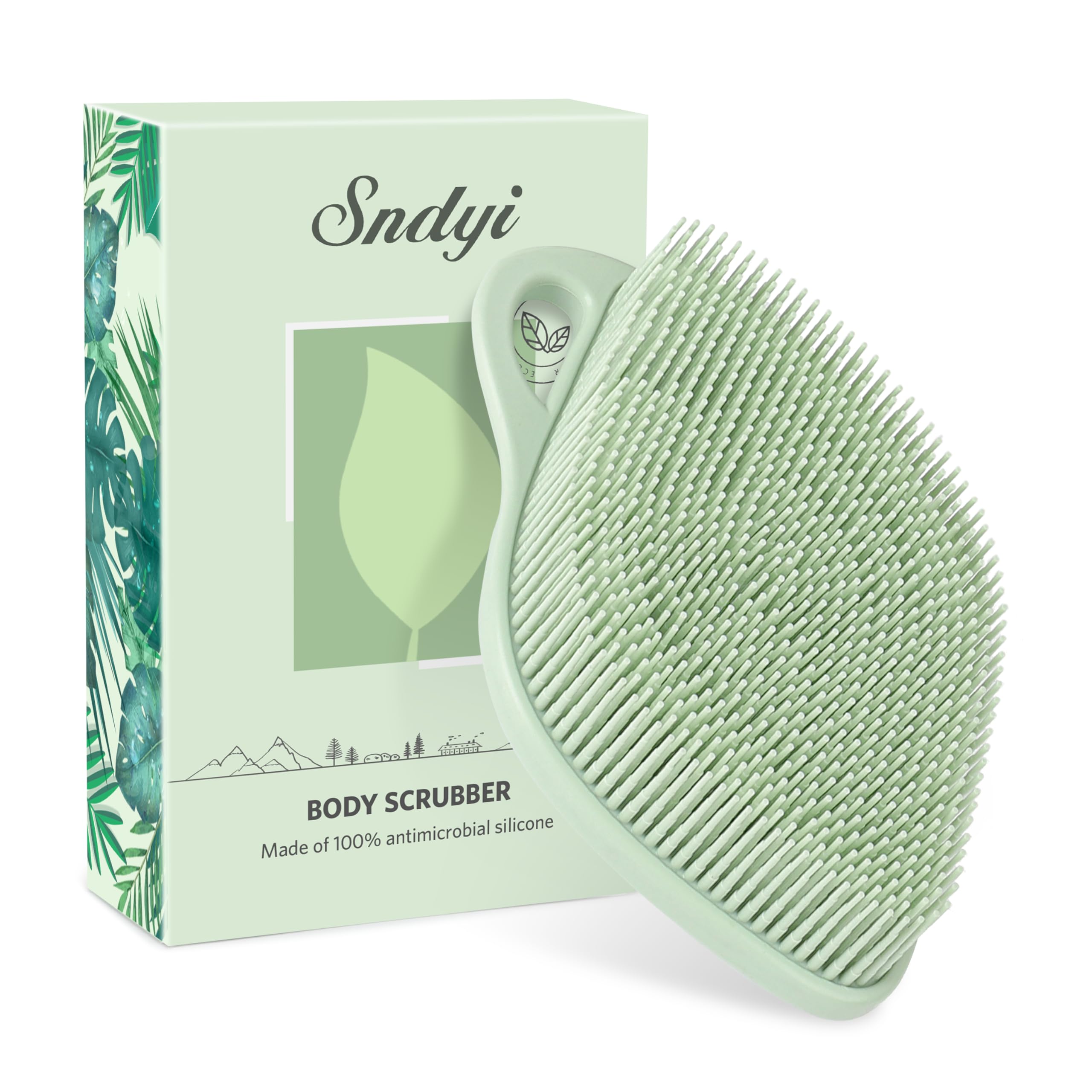 Sndyi Silicone Body Scrubber, Gentle Exfoliating Shower Scrubber for Sensitive Skin, Leaf Shaped Silicone Loofah Body Brush with Lathering Bristles, Green