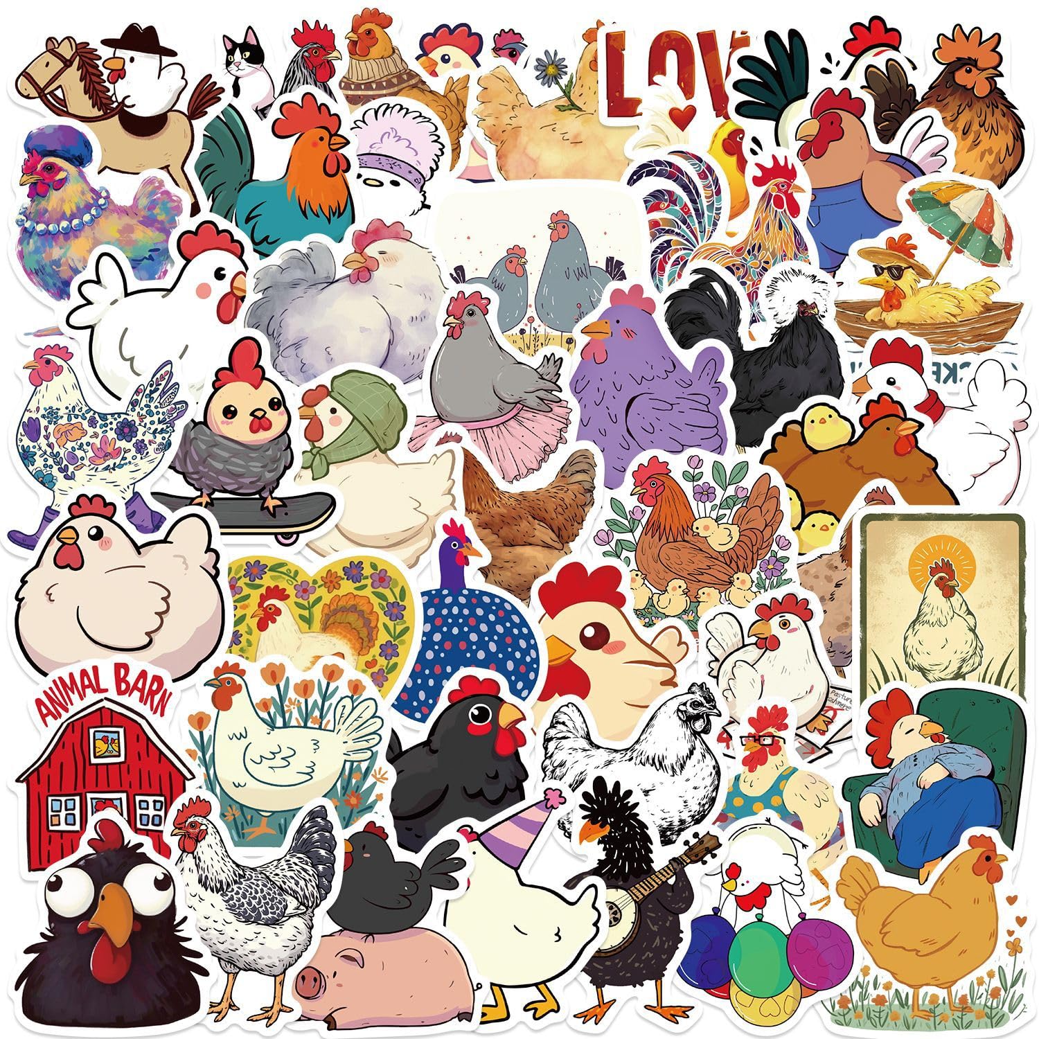 Chicken Stickers 50 Pcs Vinyl Cartoon Cute Animals Sticker for Laptop Water Bottle Luggage Skateboard Scrapbook Bumper Computer Phone Bike Car,Waterproof Funny Colorful Rooster Sticker for Teens Girl