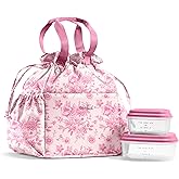Fit & Fresh Cromwell Drawstring Lunch Bag for Women, Complete Lunch Set with 2 Containers, Stain-Resistant, Leak-Resistant, Back to School Essential, Teacher Lunchbox, Pink Floral Toile