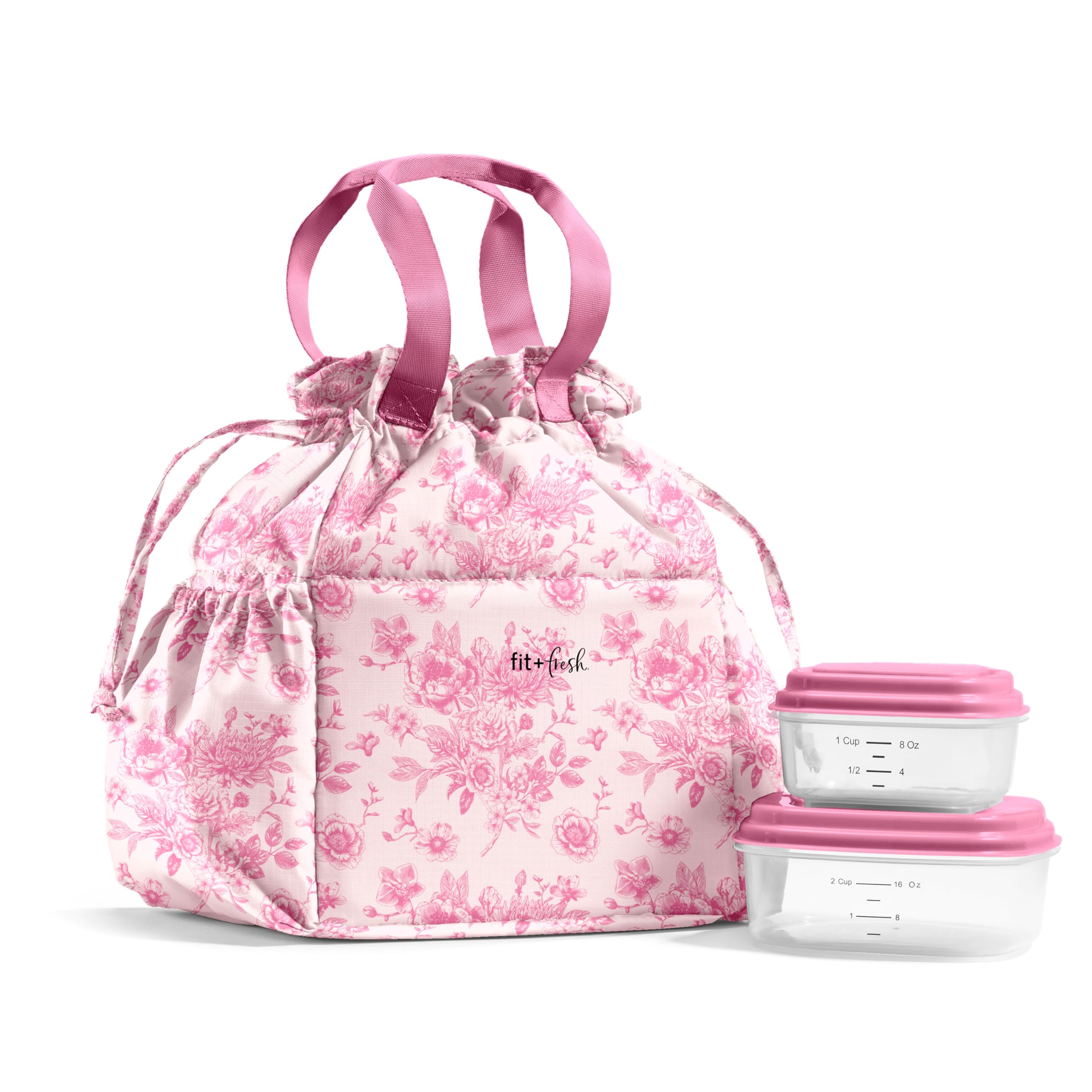 Fit & Fresh Cromwell Drawstring Lunch Bag for Women, Complete Lunch Set with 2 Containers, Stain-Resistant, Leak-Resistant, Back to School Essential, Teacher Lunchbox, Pink Floral Toile Image
