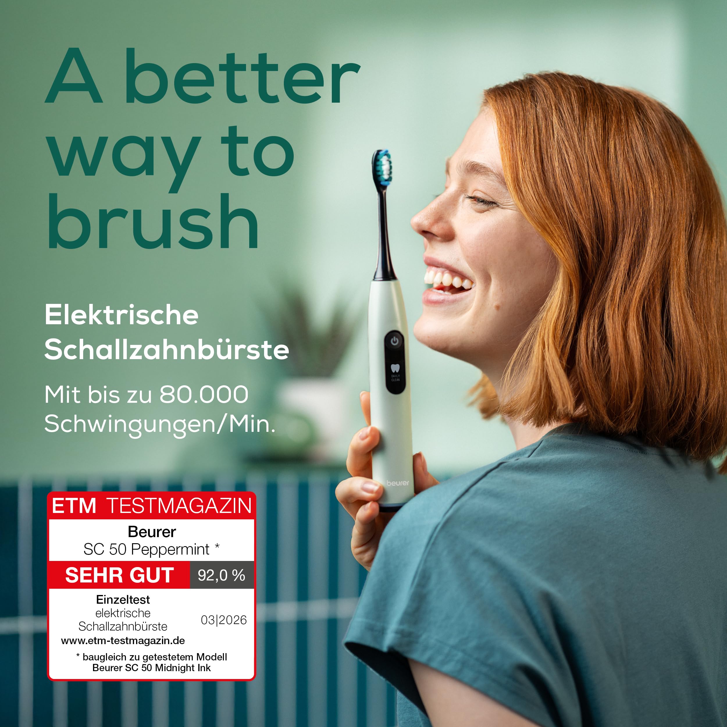 Beurer SC 50 Schallzahnbürste, elektrische Zahnbürste mit 5 Putzmodi & Andrucksensor, 80.000 Schwingungen, Display mit Putzdauer-Anzeige, inkl. 2 Aufsteckbürsten, 100% recyceltes Gehäuse (Peppermint) 2