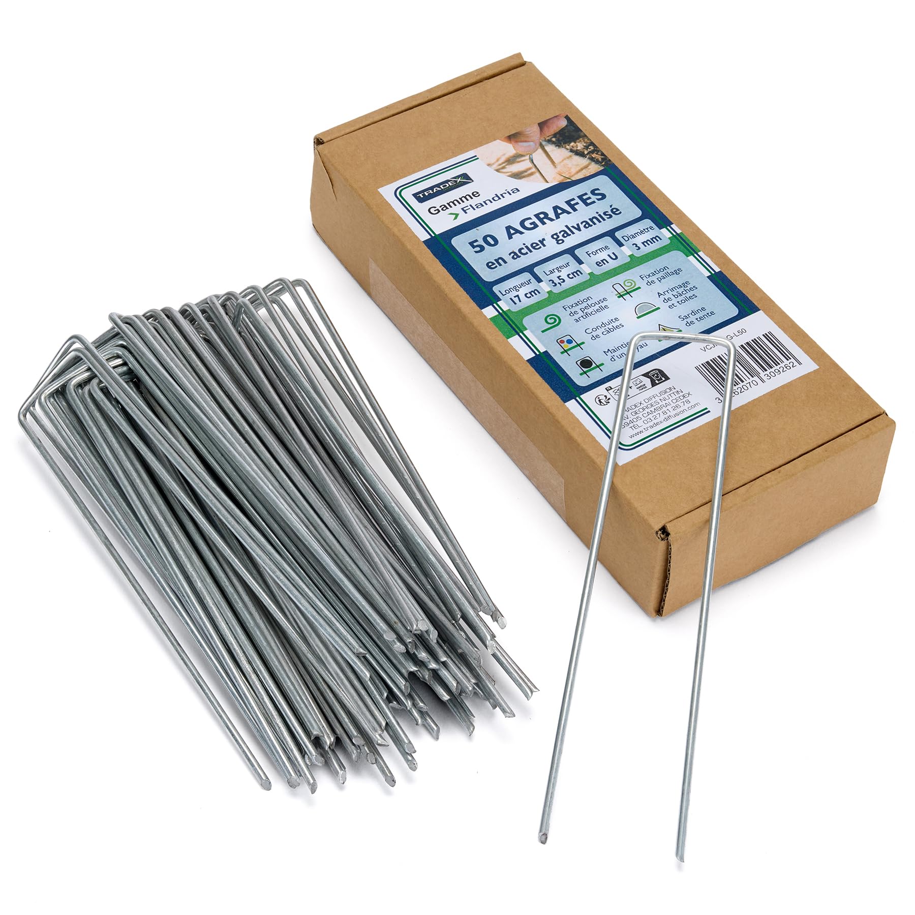 50 Galvanised Steel Fixing Staples H17 cm L3.5 cm 3.0 mm – Stake for Fixing Pipe, Tarpaulin, Netting, Garden Canvas