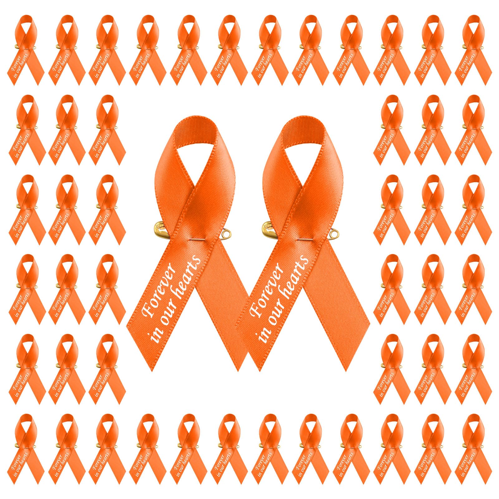 CRAFFANCY 100 PCS Orange Satin Ribbon Pins, Memorial Ribbon Brooches in Forever in Our Hearts for Funeral Mourning Event Bereavement Remembrance