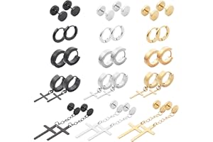 NEWITIN 15 Pairs Stainless Steel Stud Earrings for Men Hypoallergenic Earrings Cross Earrings Unisex Punk Earrings Men Earrings Hoop Earrings Hinged Cross Dangle Earrings for Women Men