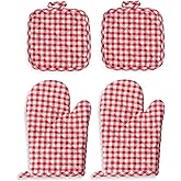 4PCS Oven Mitts and Pot Holders Set,High Heat Resistant 250 Degree Extra Thicken Kitchen Cotton Oven Glove for Cooking,Long Baking Gloves and Hot Pads for Kitchens,Grilling & Microwave,Baking Gifts
