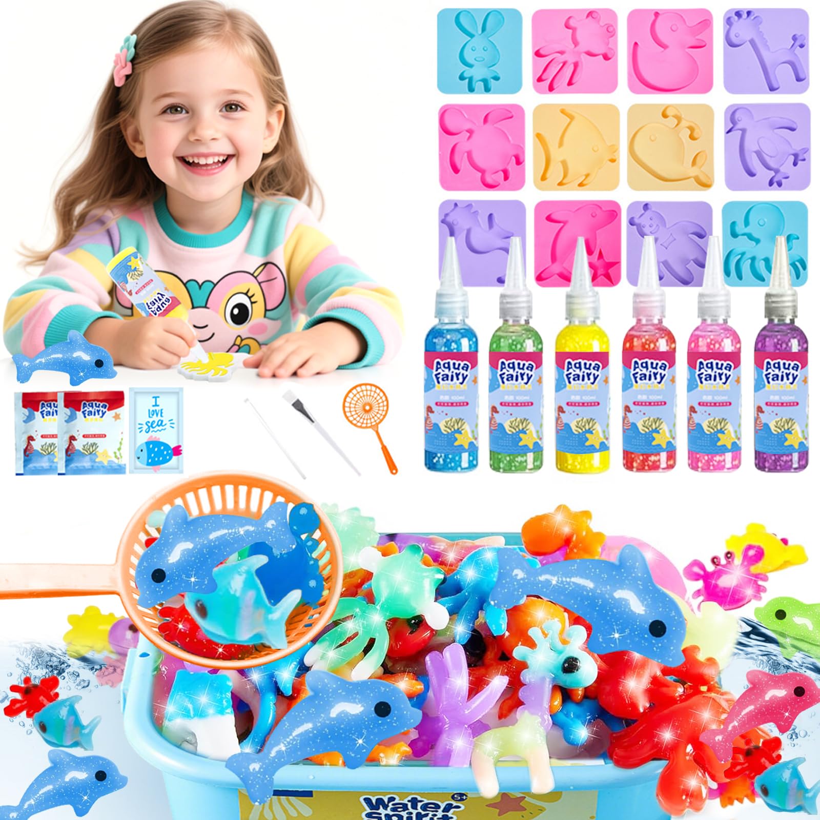 Balakaka Aqua Fairy Water Gel Kit with 6 Colored Gel, 3D DIY Magic Aqua Elf Kit with 12 Moulds, Educational Toys Creative Crafts & Art Kit Gifts for Girls Boys Ages 5 6 7 8