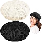SATINIOR 2 Pcs Women Crochet Beret Solid Color Knit Beanie Hats Lightweight Ladies Slouchy French Beret Hats (Black, Beige)