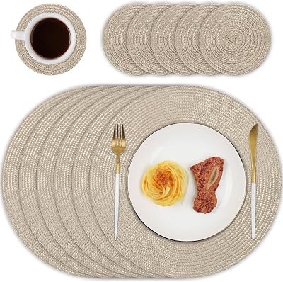 Homcomodar Round Placemats Set of 6 with Coasters 34 cm 10 cm Khaki