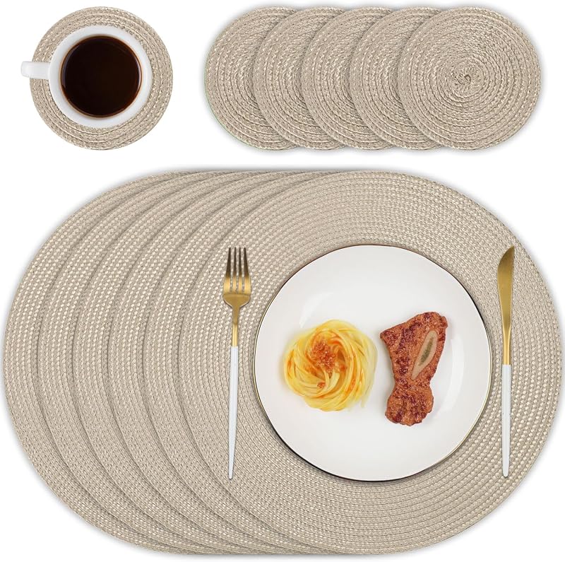 Homcomodar Round Placemats Set of 6 with Coasters 34 cm 10 cm Khaki
