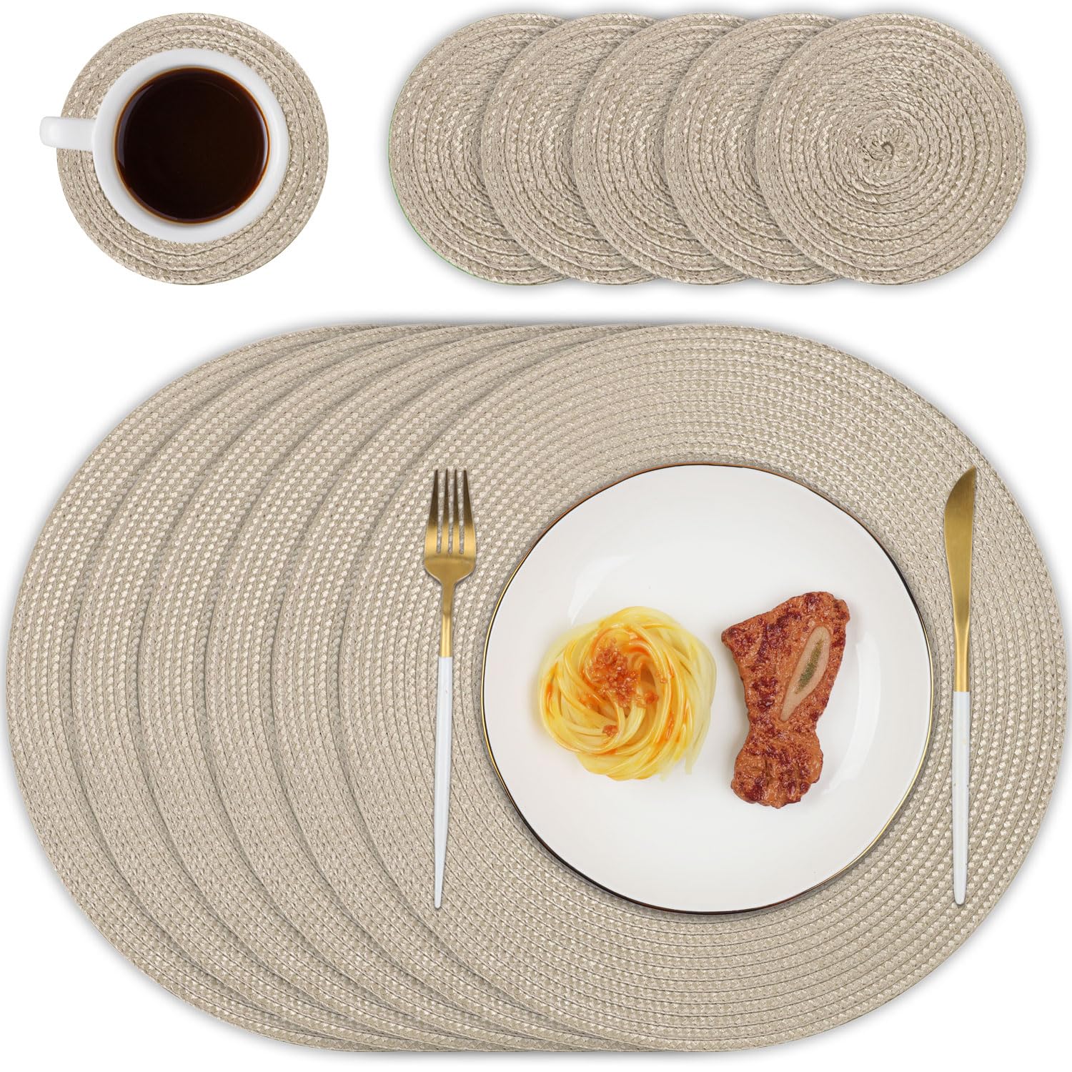Homcomodar Round Table Place Mat and Coasters Set of 6 Heat Resistant Placemats Washable Dining Table Mats for Kitchen Room Indoor Outdoor Use B-01-khaki