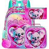 3PCS Girls Backpack, Kids Water Resistant Heart Bookbag Set with Lunch Box, Cute Kids School Bag for Preschool Toddler