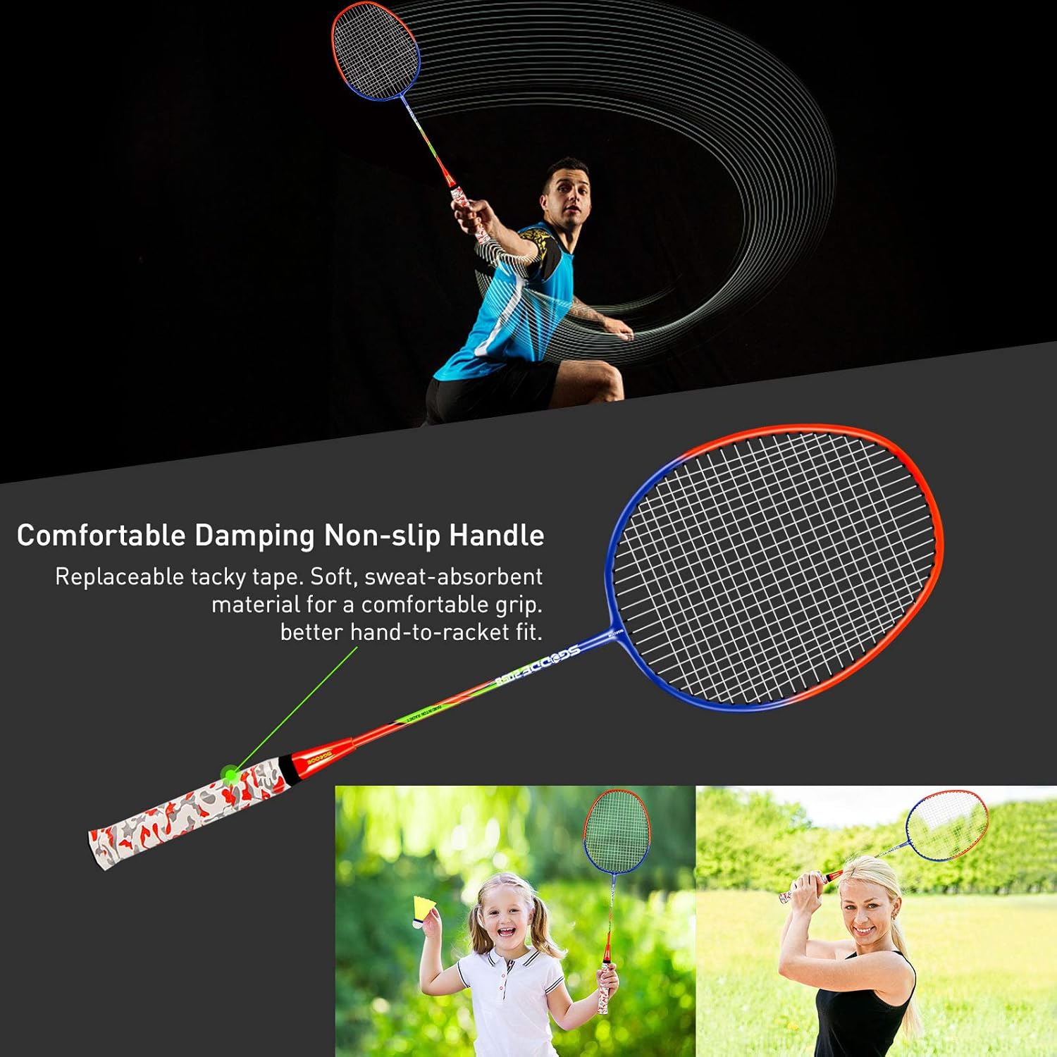 SGODDE Badminton Racket Set of 2, Badminton Set Including 3 Nylon Badminton birdies / 1 Badminton Bag, 2 Grips, Portable Badminton Racquet for Beginners Adults : Sports & Outdoors