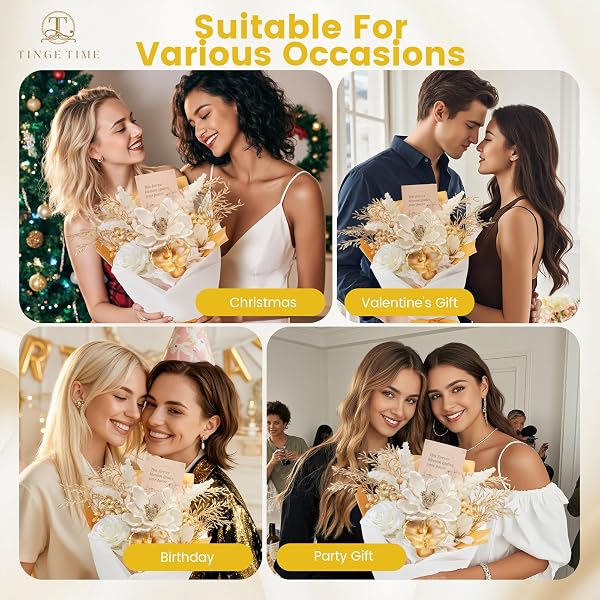 TINGE TIME PRESERVED FLOWERS BOUQUET, PLATINUM FAUX ROSE BOUQUETS, ETERNAL ROSES BOUQUET FOR WEDDING, TABLE CENTERPIECES, MOTHERS DAY, BIRTHDAY GIFTS, ANNIVERSARY, GRADUATION(WHITE & GOLD)