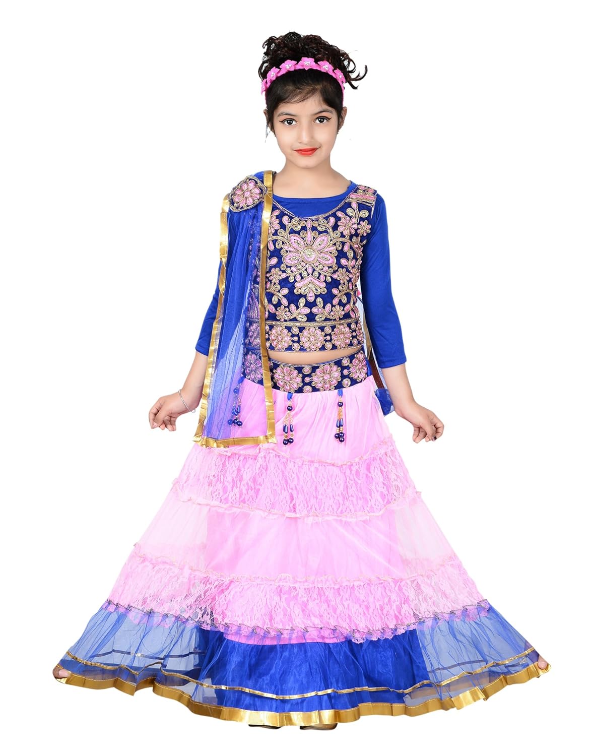 sky heights girls' pink net lehenga choli set
