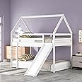 Harper & Bright Designs Twin Over Twin Low Bunk Bed with Slide, Solid Wood House Bunk Bed for Kids Girls Boys (White)