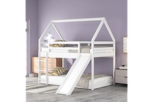 Harper & Bright Designs Twin Over Twin Low Bunk Bed with Slide, Solid Wood House Bunk Bed for Kids Girls Boys (White)