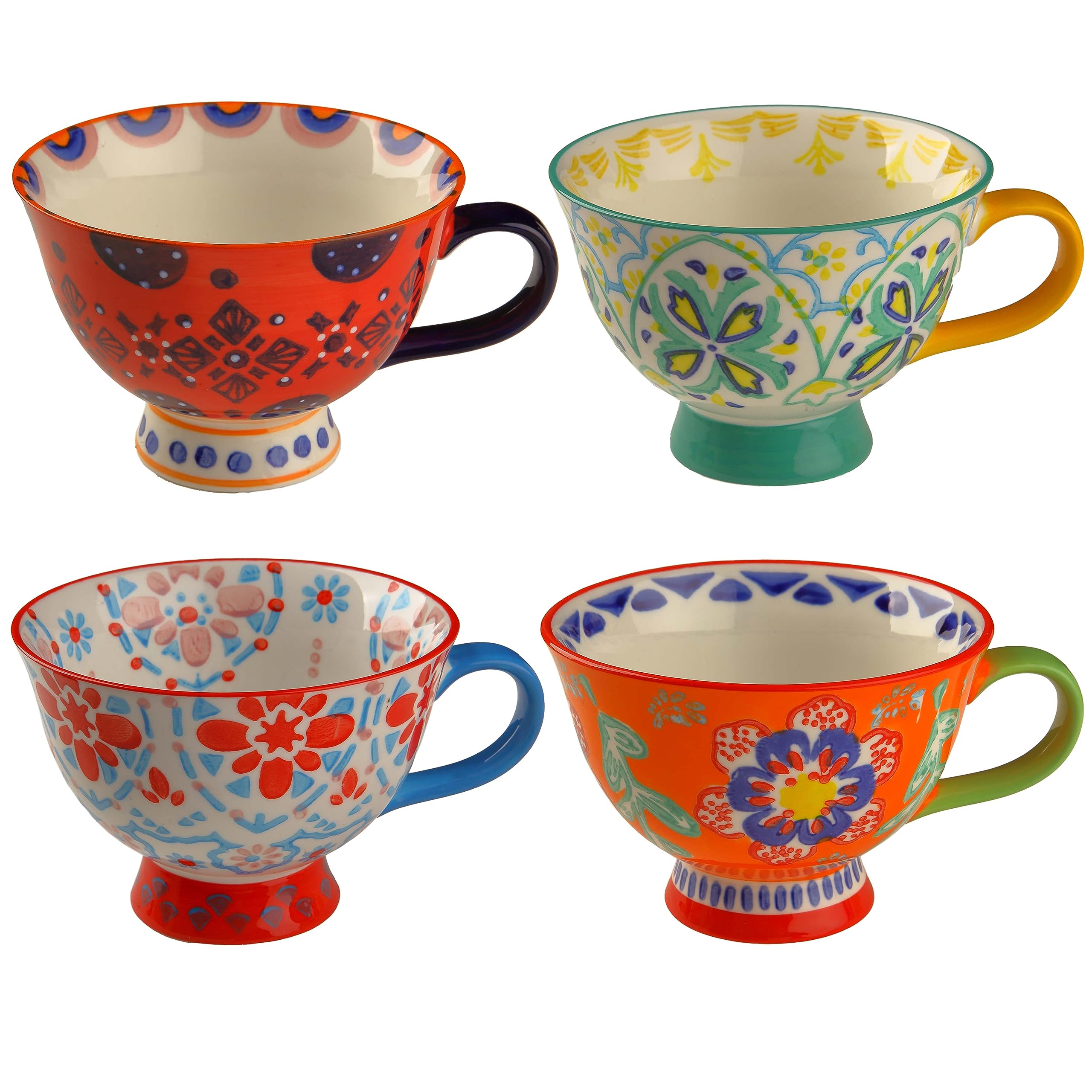 superyes Large Coffee Mugs Sets of 4, 15oz Footed Coffee Cups Set for Latte Cappuccino Hot Chocolate Soup, Hand-Painted Traditional Farmhouse Pattern