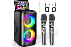 Exssary Karaoke Machine for Adults Kids, Portable Bluetooth Party Speaker with 2 Wireless Karaoke Microphones, LED Lights & E